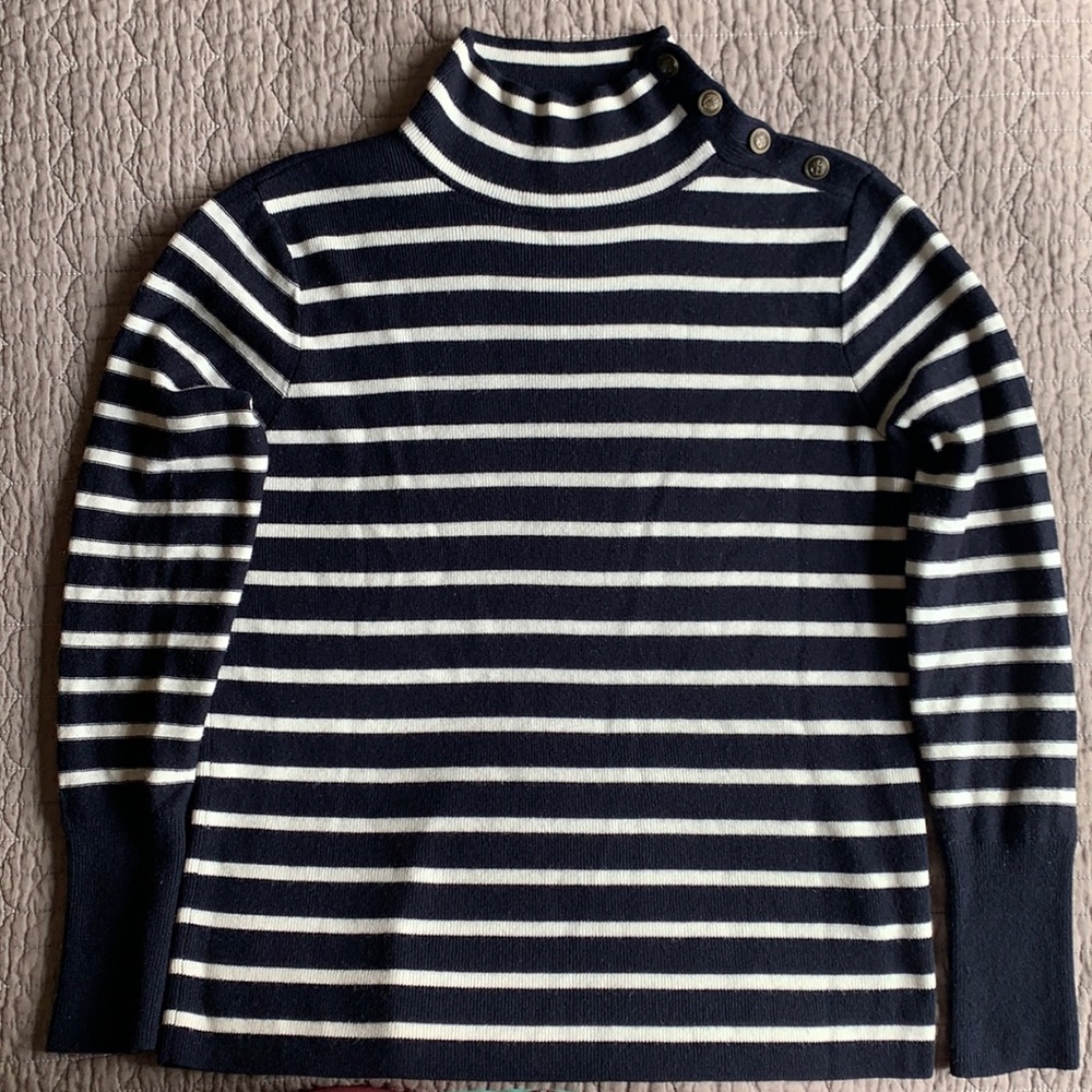 J. Crew Navy Striped Mock Turtleneck Nautical Sweater Buttons